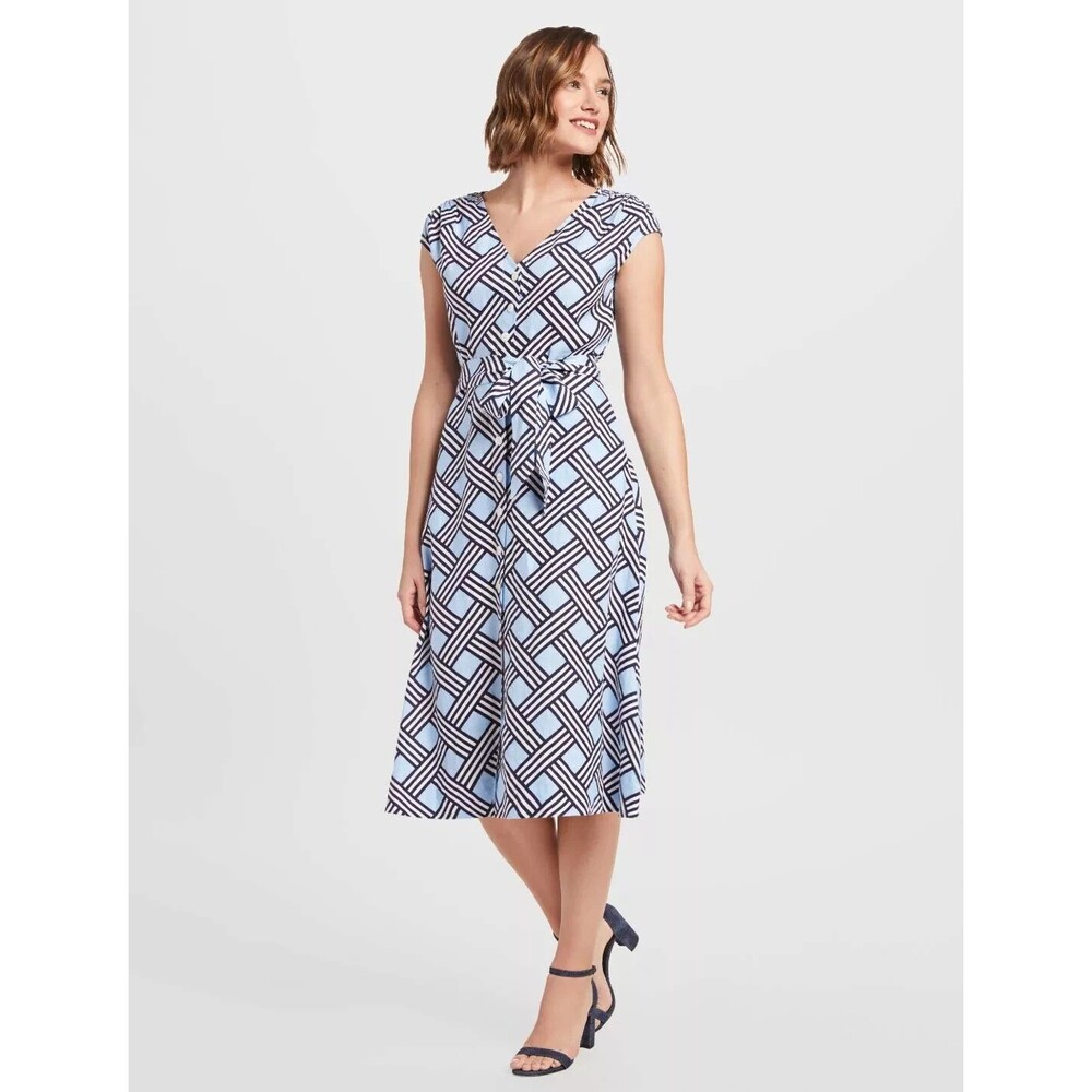 Draper James Womens Woven Lattice Print Midi Shirt Dress 100% Linen Blue Size 4